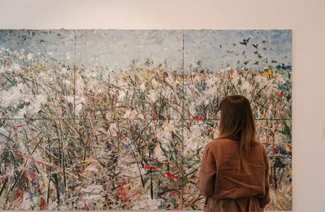 Woman looking at artwork at Susan Badcock Gallery,  Geraldine.