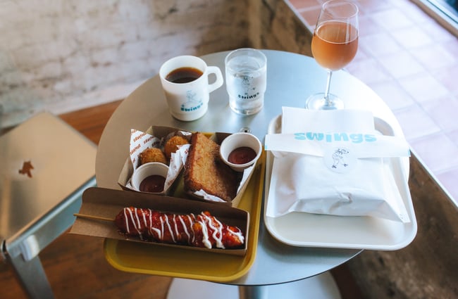 Birds eye view of food and coffee from Swings.