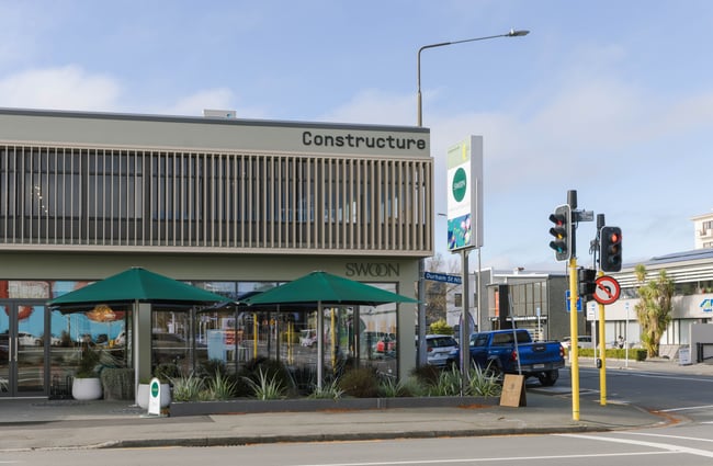 The exterior of a building in Christchurch on a sunny day.