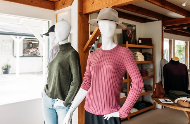 Knitwear on some mannequins in a store at Tarras Village.