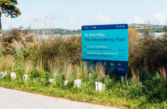 Te Ara Piko Walkway meandering path sign.