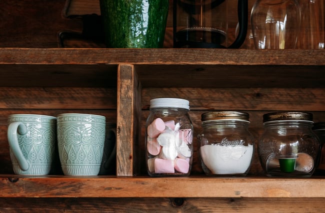 Hot chocolate supplies in the kitchen at Te Hāpua Coastal Glamping.