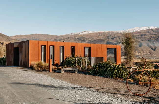 The dusty orange exterior of a Central Otago winery.