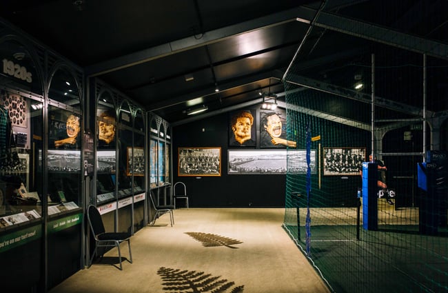 The rugby museum with black fern prints on the floor.