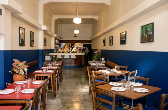 Inside the long and skinny restaurant interior of Tempero restaurant in Auckland.