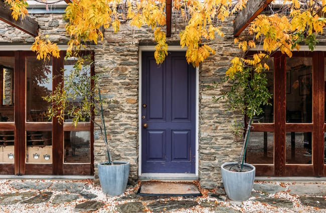 Blue door in the schist building at Terra Sancta.