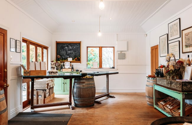 Tasting room space with a table and barrels at Terra Sancta.