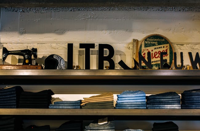 Jeans folded on shelves.