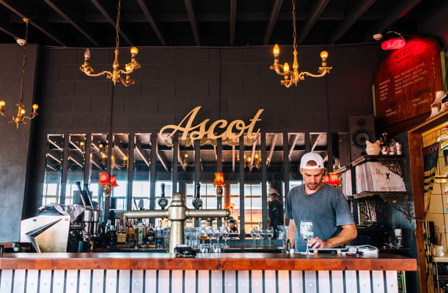 Man bartending behind a corrugated iron counter.