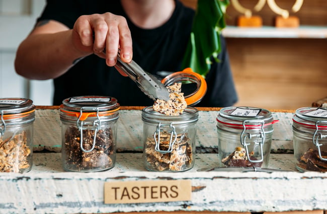 Jar of tasters on the counter at The Baked Dane.