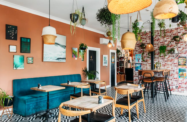 Tables and chairs in a cafe.