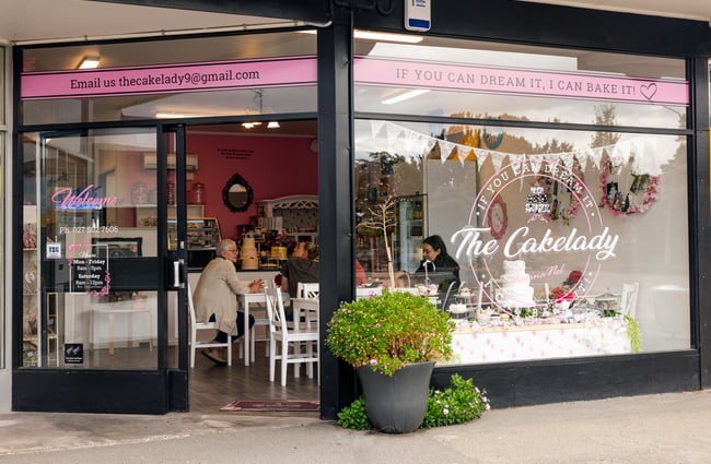 The black and glass exterior of The Cakelady in Ashburton.