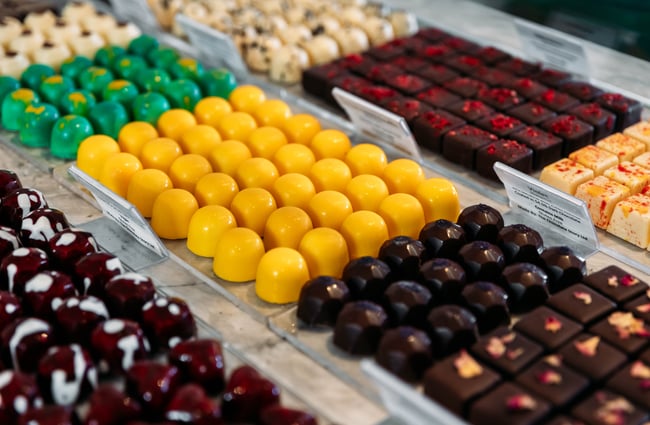 Colourful chocolate lineup at The Chocolate Story.