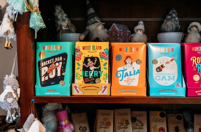 Shelves of chocolate at The Chocolate Story.