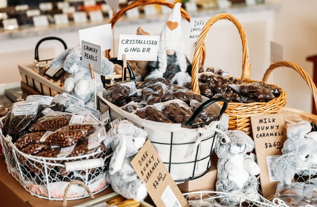 Baskets of chocolates at The Chocolate Story.