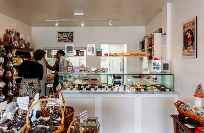 The counter and cabinet at The Chocolate Story.