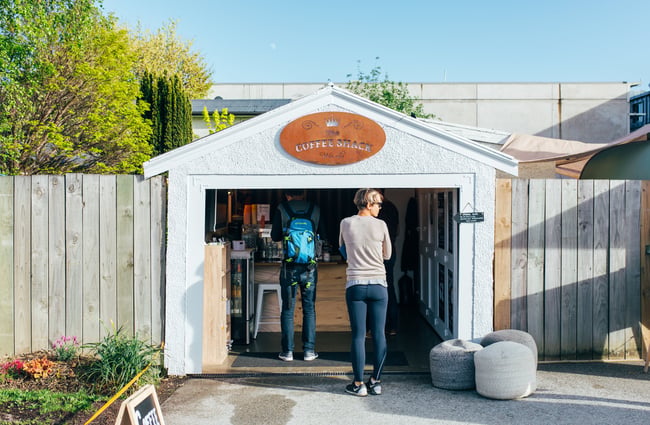 A woman waiting in line at The Coffee Shack.