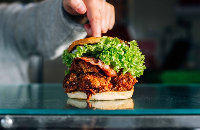 Close up of a burger.