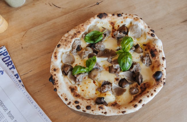 Close up of a pizza.