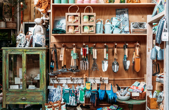 Gardening tools on display at The Flower Crate.