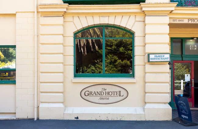 Close up of The Grand Hotel building in Akaroa