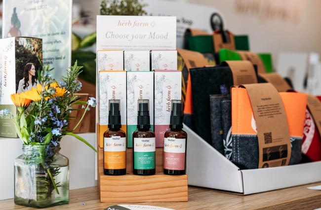 Skincare products displayed in a bundle at The Herb Farm.
