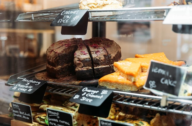 Chocolate cake in the cabinet at The Herb Farm.