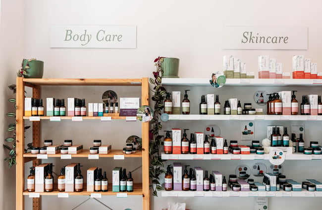 Skincare products for sale in the shop at The Herb Farm.