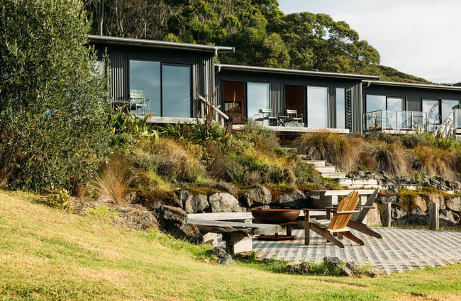 View of the exterior of The Huts and their outside area.