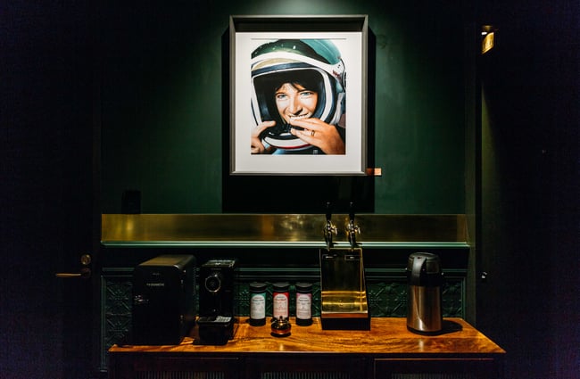 Artwork and tea making facilities at The Intrepid Hotel.