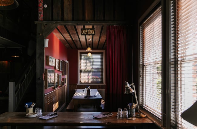 Dining area with retro light.