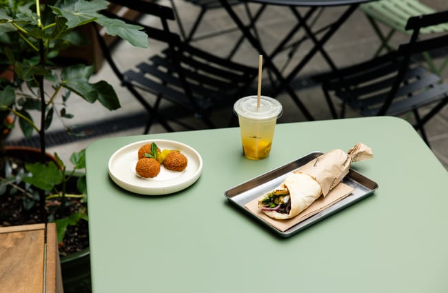 A close up of Lebanese food on a table.
