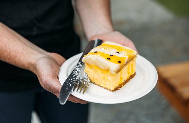 A hand holding a custard square.