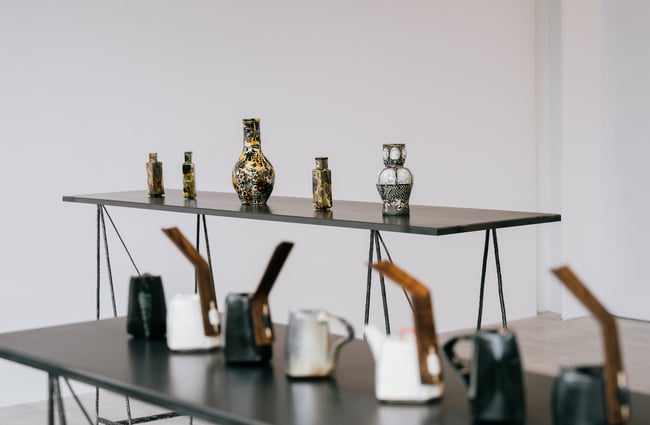 Shelf full of ceramics vases and sculptural pieces at The National gallery in Christchurch