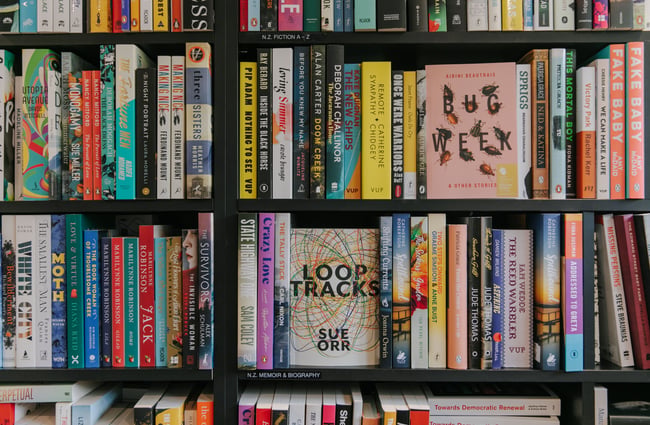 Bookcase jam-packed with books at The Next Chapter, Wānaka.