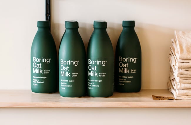 Boring Oat Milk on display on shelf at The Oatery, Wellington.