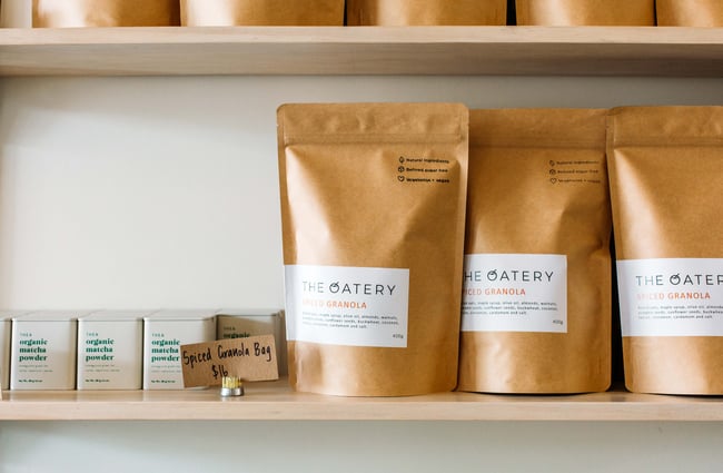 The Oatery granola on a shelf at The Oatery, Wellington.