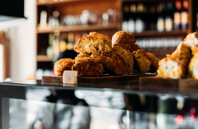 A close up of scones on display on the counter at Raumati Social Club.