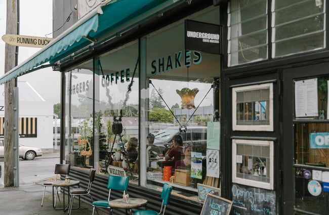 The exterior of the cafe at The Running Duck cafe in Geraldine.