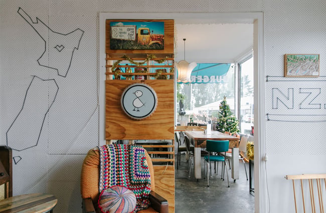 The kitschy interior of The Running Duck cafe in Geraldine.