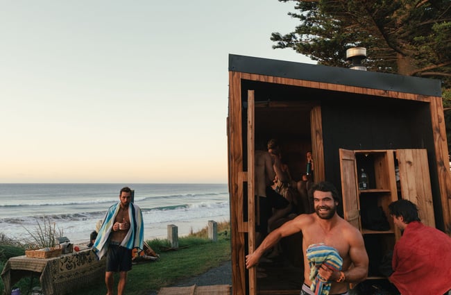 People walking out of a sauna.