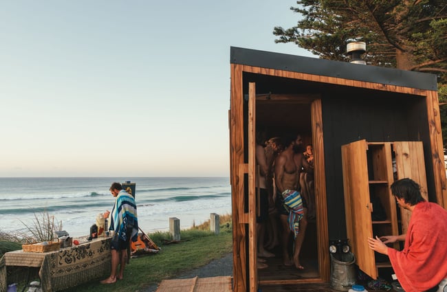People existing the Secret Sauna in Gisborne.