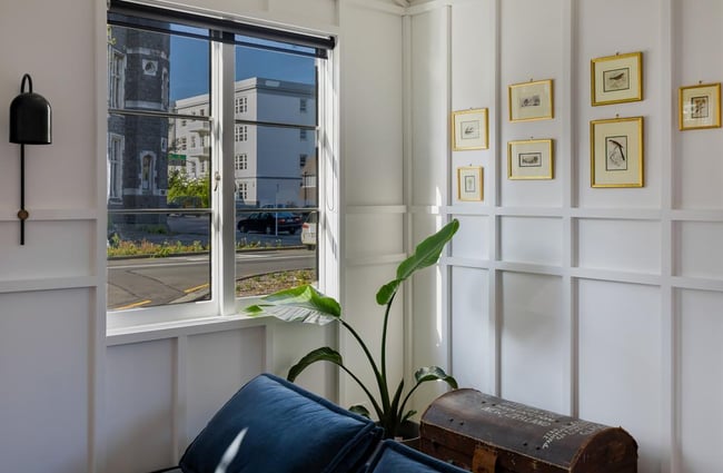 A corner of the living area looking out to the street.