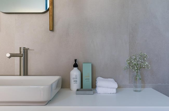 Close up of bathroom toilietries.