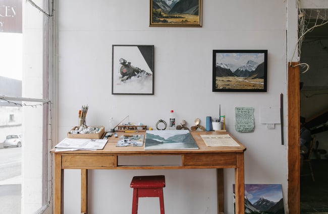Artist's desk at The Terraces in Ōamaru.