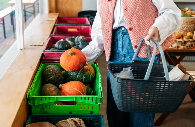 A woman holding a small pumpkin.