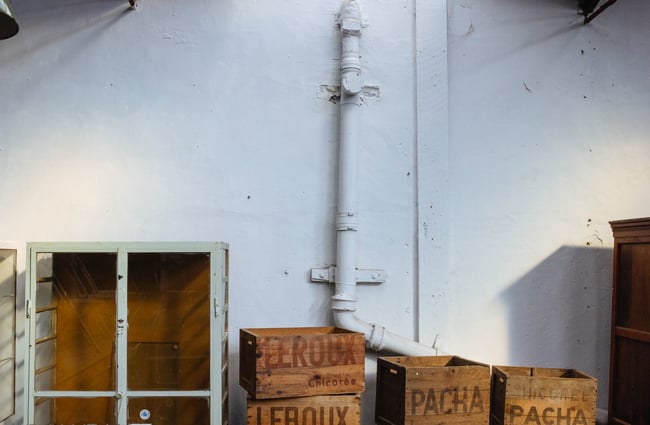 Wooden boxes on display.