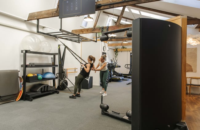 Client using TRX equipment while being supported by trainer at The Well - Whole Body Studios.