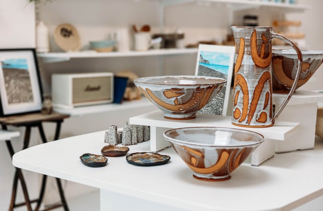 Ceramics display on a table at The Wobbly Pot.