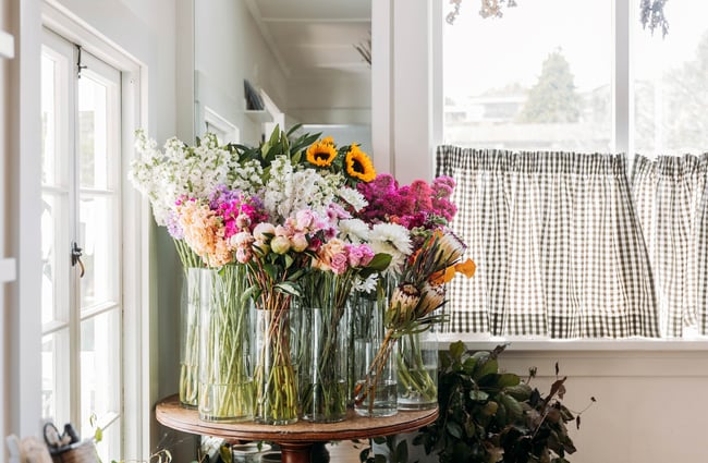 Multiple cylindrical glass vases with bunches of sunflowers, peonies, roses, proteas and other flowers on a small, round wooden table next to windows.